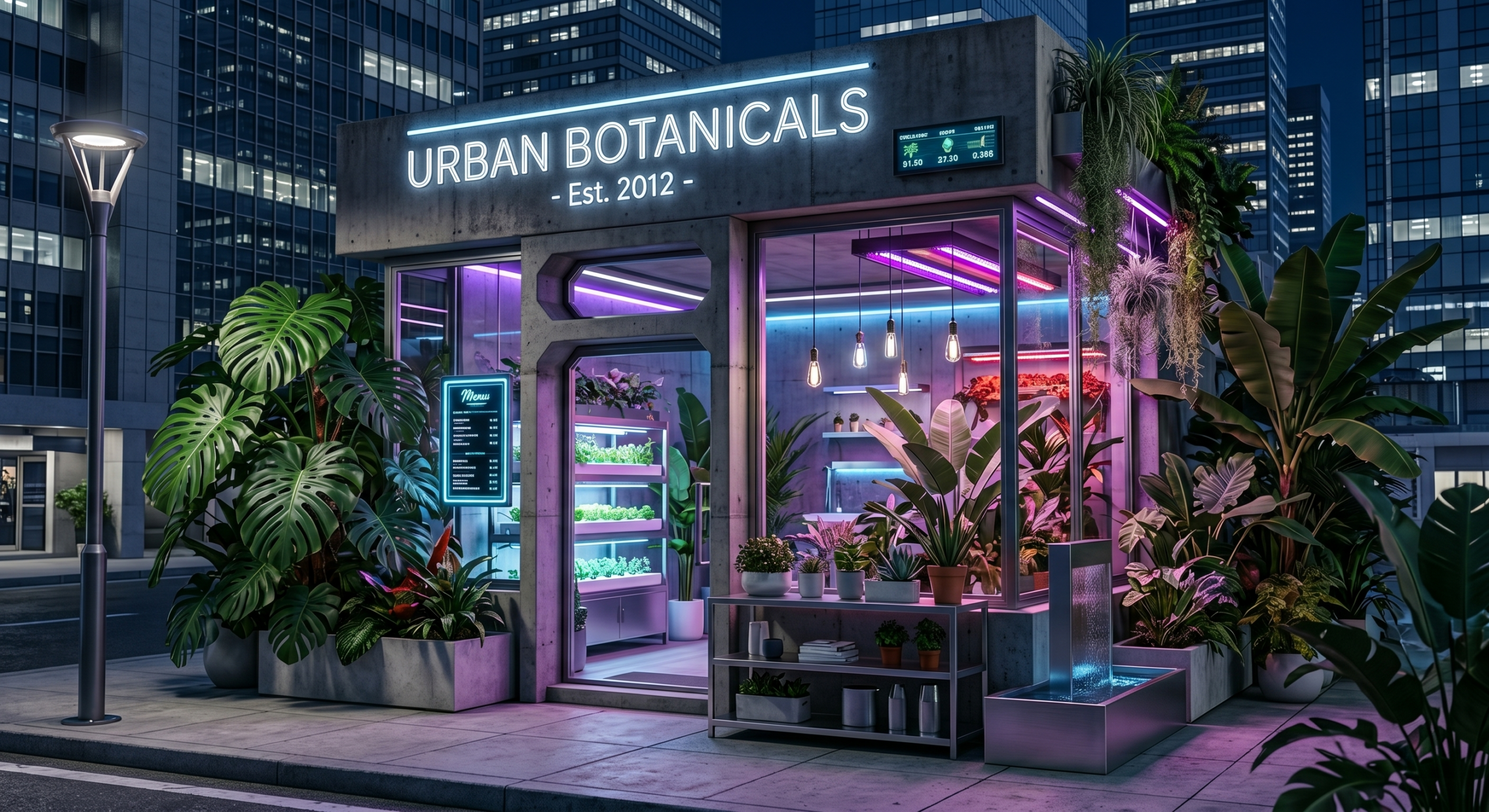 夜の街に映えるモダンな生花店の外観