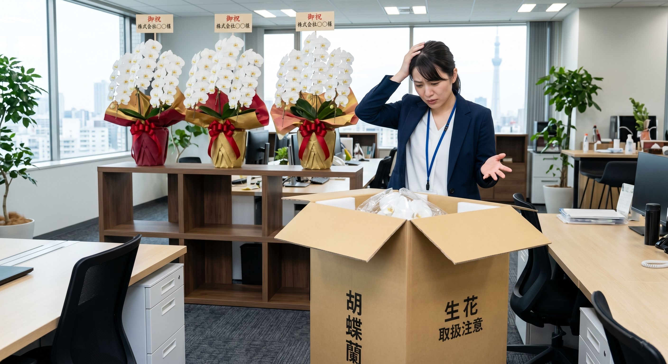 宅配便の段ボール箱を前に困惑する女性担当者