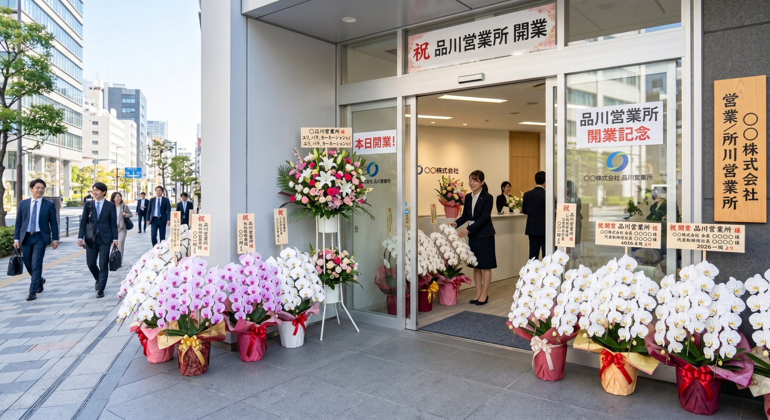 オフィスビル玄関に胡蝶蘭が並ぶ開業当日のシーン