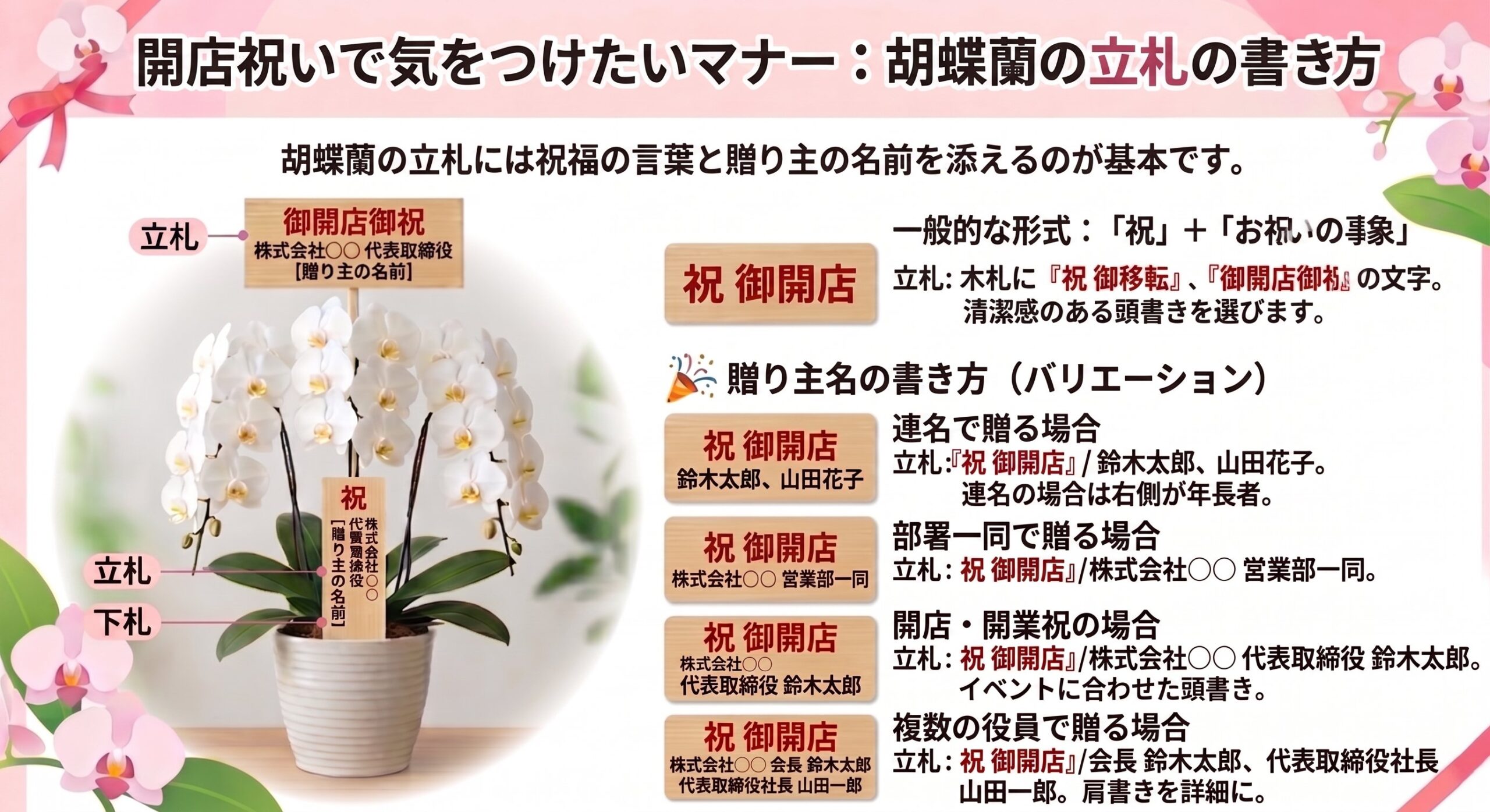 開店祝いの胡蝶蘭立札の書き方バリエーション集インフォグラフィック