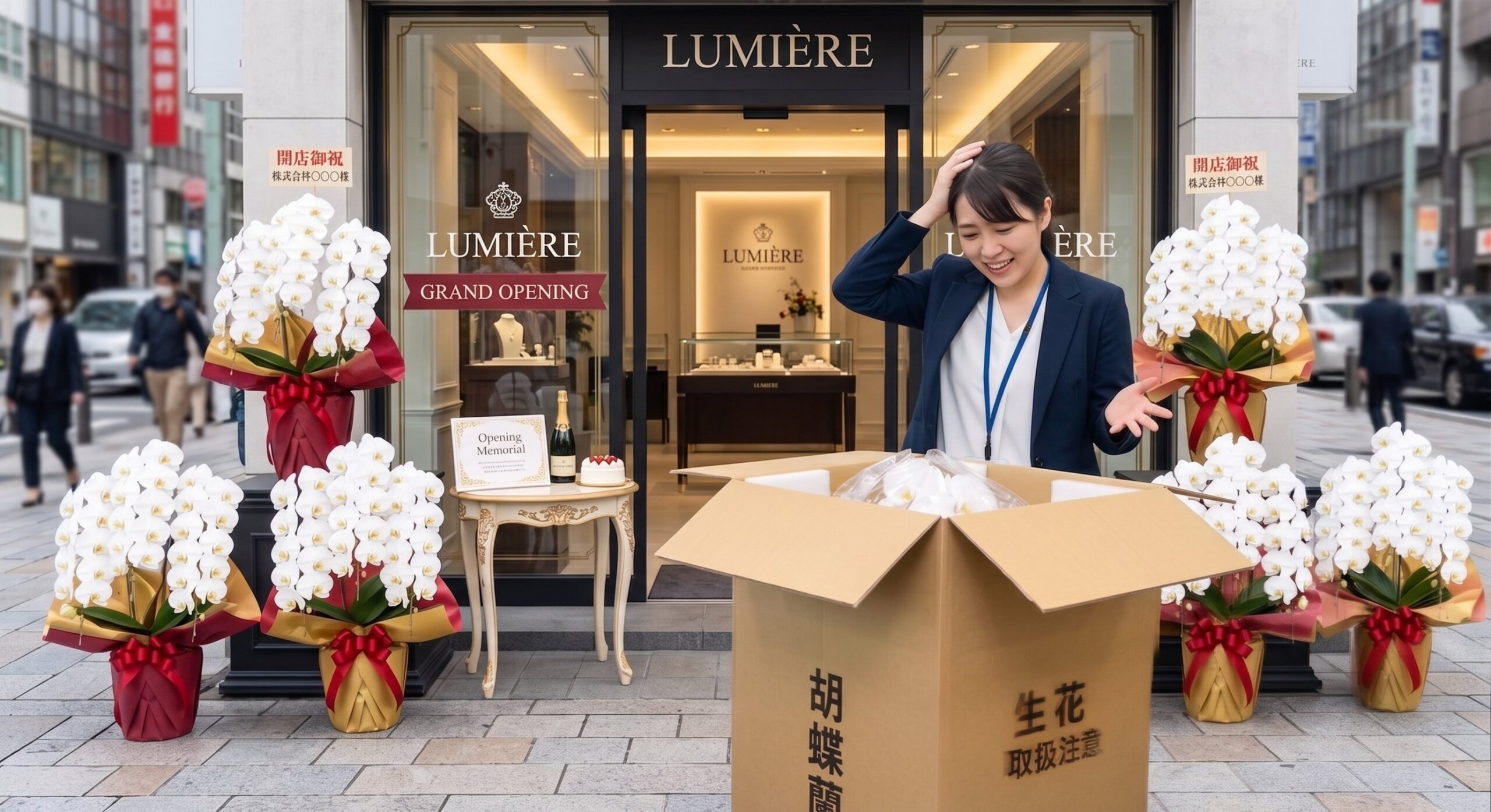 開店祝いの胡蝶蘭が届いた段ボール箱を前に困惑する女性担当者