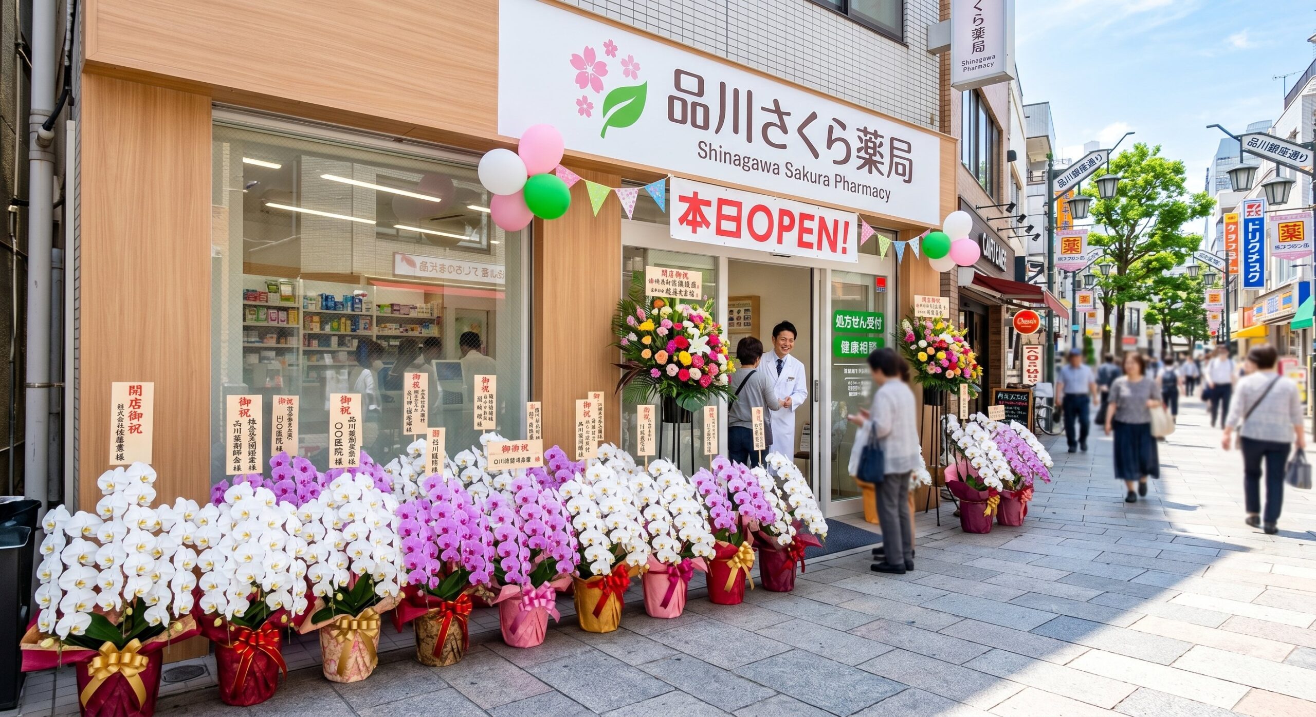 開店祝いの胡蝶蘭が並ぶ薬局の本日OPEN風景