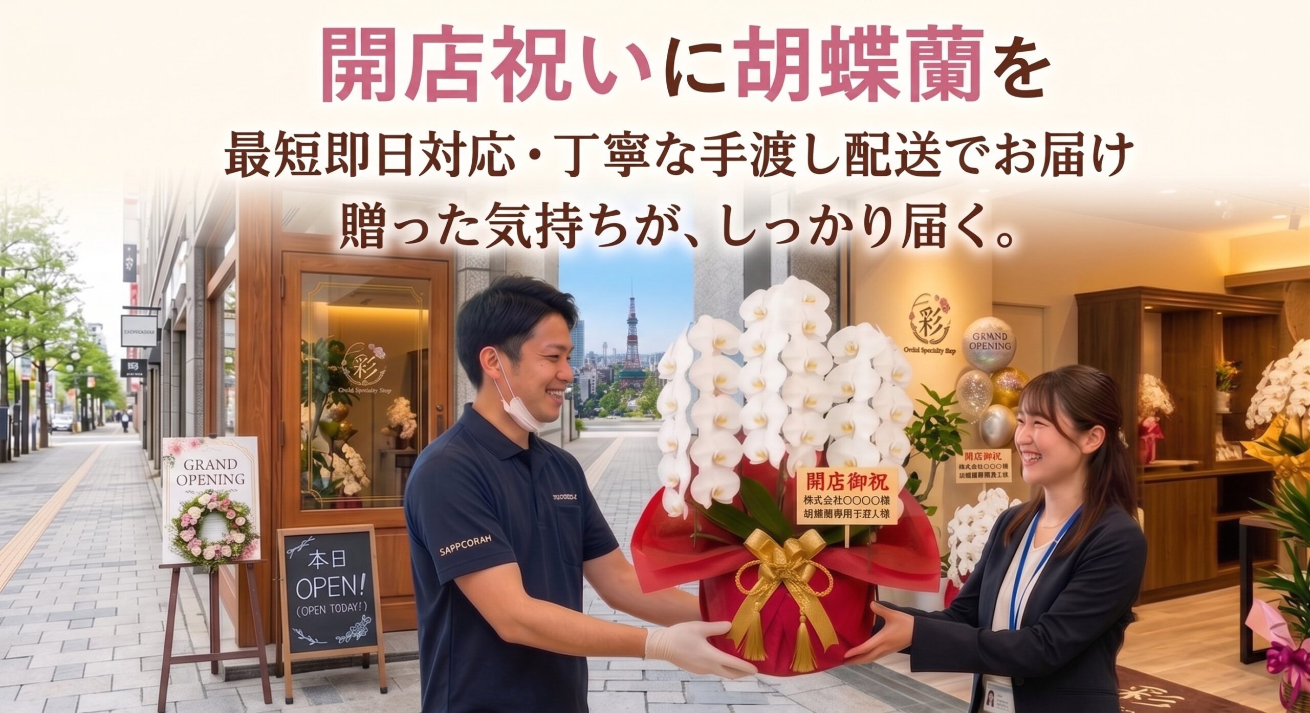 花屋スタッフが法人担当者に開店御祝の胡蝶蘭を手渡しするメインビジュアル