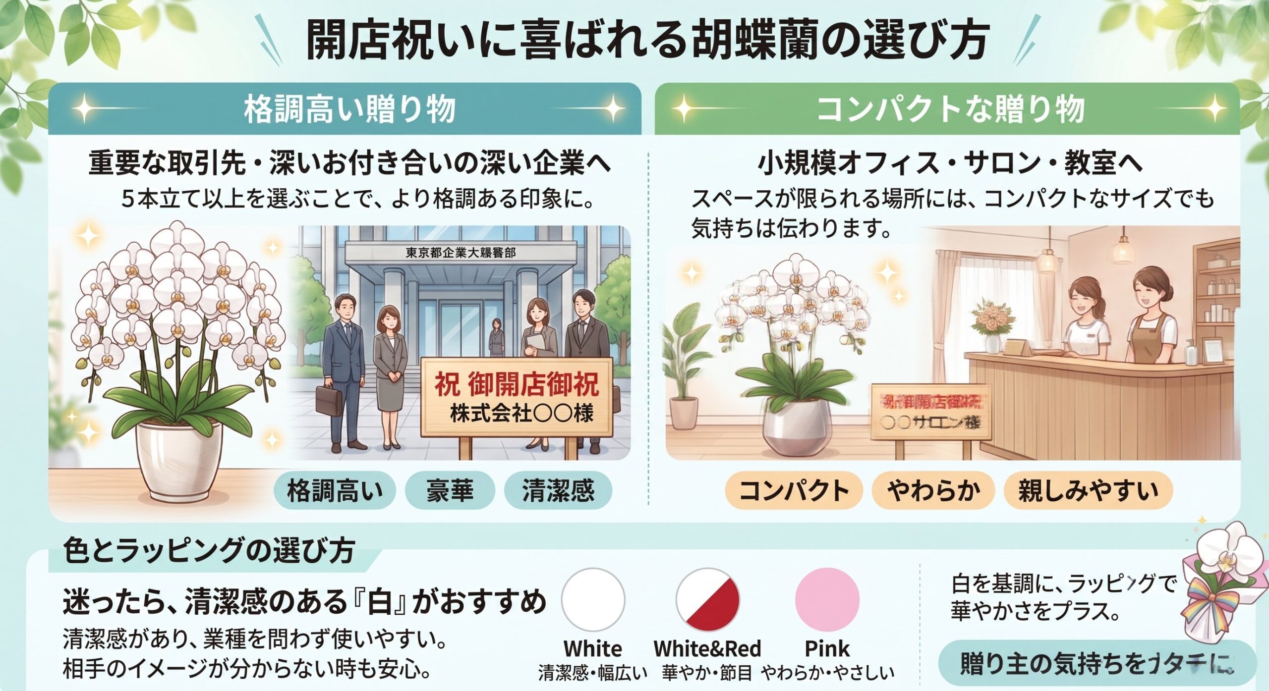 開店祝いに喜ばれる胡蝶蘭の選び方インフォグラフィック